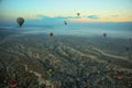 Hot air balloons over mountain landscape in Cappadocia, Goreme National Park, Turkey. Aerial view from air balloon Royalty Free Stock Photo