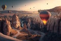 Hot air balloons over valley in Cappadocia, Turkey