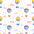 Hot air balloons seamless pattern. Retro aerial vehicles, inflatable transport, travel and romantic flight, clouds and