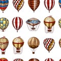 Hot Air Balloons seamless pattern. Vector retro flying airships. Template transport for Romantic background. Hand drawn Royalty Free Stock Photo