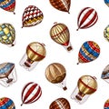 Hot Air Balloons seamless pattern. Vector retro flying airships. Template transport for Romantic background. Hand drawn Royalty Free Stock Photo