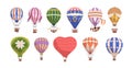 Hot air balloons set. Aerial baloon with basket in flight. Flying airballoons travel. Hotair transport floating Royalty Free Stock Photo