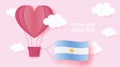 Hot air balloons in shape of heart flying in clouds with national flag of Argentina. Paper art and cut, origami style with love to