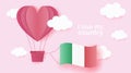 Hot air balloons in shape of heart flying in clouds with national flag of Italy. Paper art and cut, origami style with love to Royalty Free Stock Photo