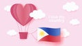 Hot air balloons in shape of heart flying in clouds with national flag of Philippines. Paper art and cut, origami style with love Royalty Free Stock Photo