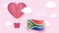 Hot air balloons in shape of heart flying in clouds with national flag of South Africa. Paper art and cut, origami style with love Royalty Free Stock Photo