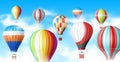 Hot air balloons in sky. Blue sky panoramic poster, realistic flying transport with baskets, different colorful patterns