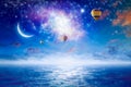 Hot air balloons in sky with bright stars, crescent Royalty Free Stock Photo