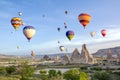 Hot air balloons in the sky over the cave town, Valley of Daggers, Cappadocia, Turkey