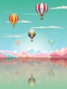 Hot Air balloons skyward, Sea, Mountain reflection Sunset Landscape Royalty Free Stock Photo