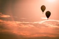 Hot air balloons soaring through the air at sunset at an air show