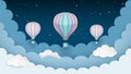 Hot air balloons, stars and clouds on the dark night sky background. Night scene background. Paper craft style. Vector. Royalty Free Stock Photo