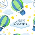 Hot air balloons with stars, clouds and words. Seamless pattern Royalty Free Stock Photo