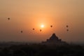 Hot air balloons at sunrise at Bagan temple in Burma Myanmar