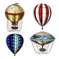 Hot Air Balloons. Vector retro flying airships with decorative elements. Template transport for Romantic logo. Hand Royalty Free Stock Photo