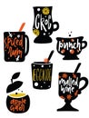 Hot alcohol drinks. Illustration of different cups and glasses with the name of drink inside. Royalty Free Stock Photo