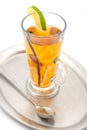 Hot alcoholic drink with spice and fruit like lime and orange, winter drink