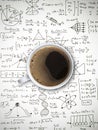 Hot americano coffee on math and science paperwork Royalty Free Stock Photo