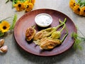 Hot appetizer, deep-fried zucchini flowers, on a plate on a gray concrete background Royalty Free Stock Photo