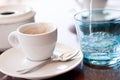 Hot aromatic espresso cup and cold water in glass