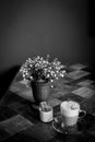 Hot art Latte Coffee in a cup on wooden table, black and white e Royalty Free Stock Photo