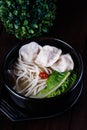 Pork, shrimp, chicken or vegetable dumpling rice noodle soup