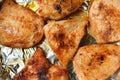 Hot baked chicken fillet in a pan, top view. Quick dinner dish recipe. Healthy homemade food