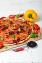 Hot baked pizza with different ingredients Royalty Free Stock Photo