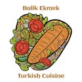 Hot Balik Ekmek fish sandwich with grilled mackerel. Traditional street food turkish cuisine. Cartoon illustration Royalty Free Stock Photo