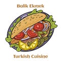 Hot Balik Ekmek fish sandwich with grilled mackerel. Traditional street food turkish cuisine. Cartoon illustration Royalty Free Stock Photo