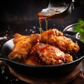 Hot barbecue chicken wings with sauce in a frying pan on a dark wooden background. AI Generative