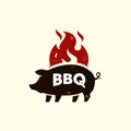 Hot barbeque logo , pork on red fire flame mascot rustic Vintage logo icon