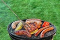 Hot BBQ Grill With Assorted Meat On The Garden Lawn