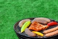 Hot BBQ Grill With Assorted Meat On The Garden Lawn Royalty Free Stock Photo