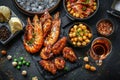 Hot Beer Snacks Set, Wine Snack Collection, Antipasti Buffet of Grilled Prawns, Chicken Wings Barbecue Royalty Free Stock Photo