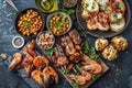 Hot Beer Snacks Set, Wine Snack Collection, Antipasti Buffet of Grilled Prawns, Chicken Wings Barbecue Royalty Free Stock Photo