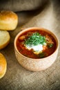 hot beetroot soup with sour cream, herbs and rolls in a ceramic bowl Royalty Free Stock Photo