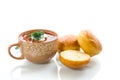 hot beetroot soup with sour cream, herbs and rolls in a ceramic bowl Royalty Free Stock Photo