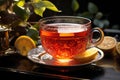 Hot berry and fruit tea in a transparent cup. Vitamin drink to strengthen the immune system during the flu