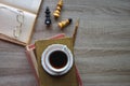 Hot Beverage, Books and Chess Pieces Royalty Free Stock Photo