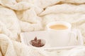 Hot beverage mug with chocolate cookies in a white wool blanket. Royalty Free Stock Photo