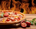 Hot big pepperoni pizza tasty pizza composition with melting cheese bacon tomatoes ham paprika steam smoke fire Royalty Free Stock Photo