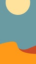 Hot big sun over yellow desert dunes, blue clear sky, Vertical background made of abstract shapes of different colors