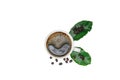 Hot black coffee cup and coffee beans with leaf . Royalty Free Stock Photo