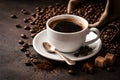 Hot Black Coffee Cup Surrounded By Roasted Beans In Dark Rustic Setting Royalty Free Stock Photo