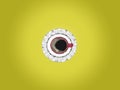 Hot Black coffee with foam in red cup and white saucer illustration top view on yellow background. Royalty Free Stock Photo