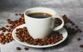 Hot black coffee for morning beverage menu in white ceramic cup with coffee beans. Royalty Free Stock Photo