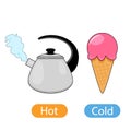 Hot boiled kettle with steam and delicious cold ice cream. concept of children`s learning of opposite adjectives hot and cold