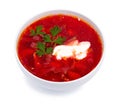 Hot borsch in a white bowl isolated on a white Royalty Free Stock Photo