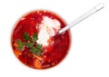 Hot borsch in a white bowl isolated on a white Royalty Free Stock Photo